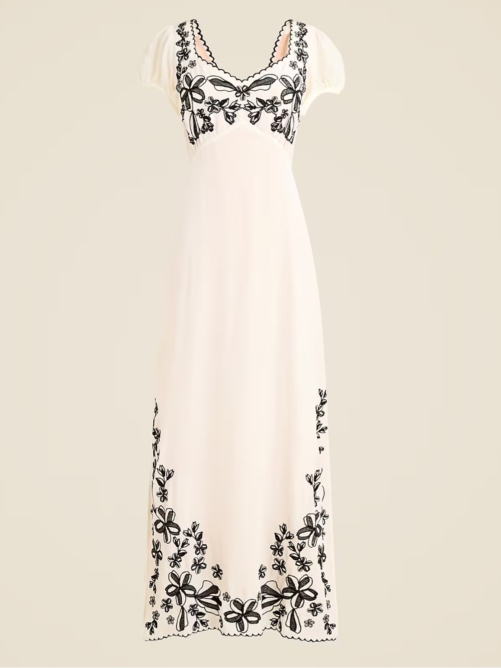 J. Crew Ivory Maxi Dress with Black Floral Embroidery